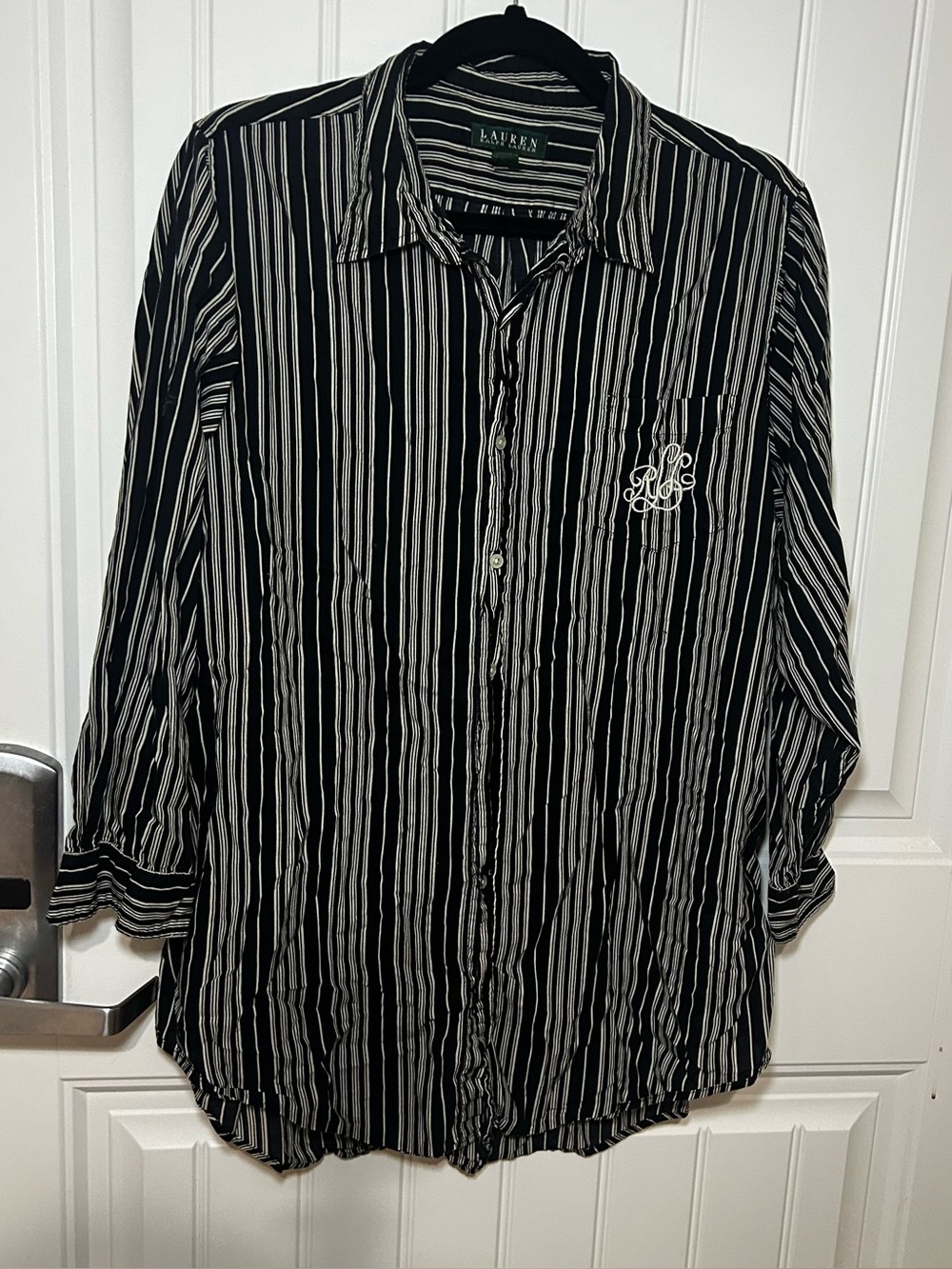 Lauren Ralph Lauren Black & White Striped Silk Long Sleeve Button-Down Top